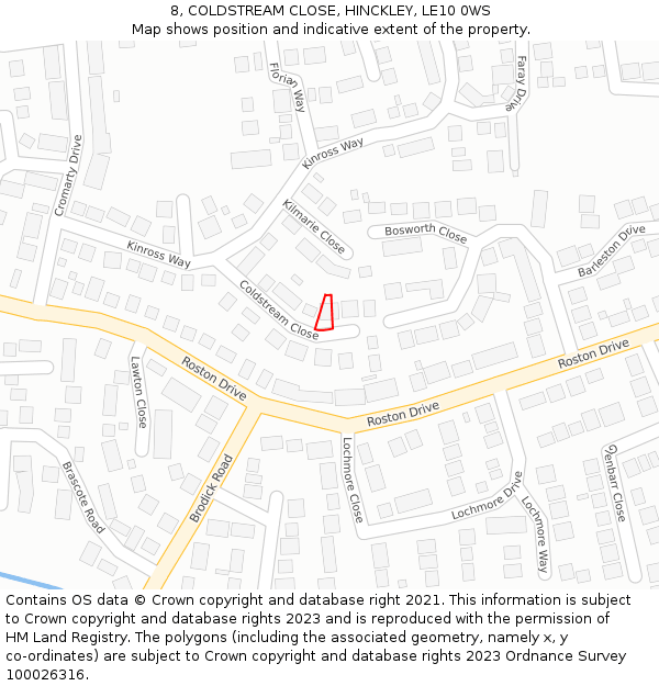 8, COLDSTREAM CLOSE, HINCKLEY, LE10 0WS: Location map and indicative extent of plot