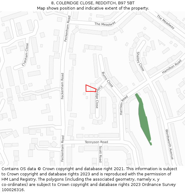 8, COLERIDGE CLOSE, REDDITCH, B97 5BT: Location map and indicative extent of plot