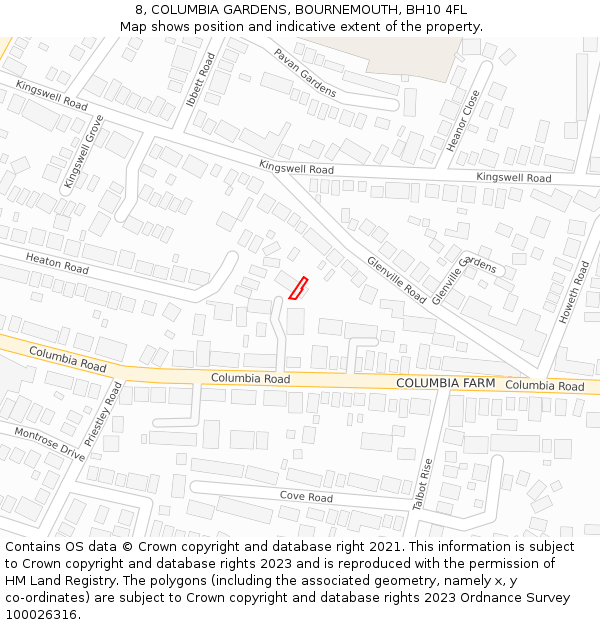 8, COLUMBIA GARDENS, BOURNEMOUTH, BH10 4FL: Location map and indicative extent of plot