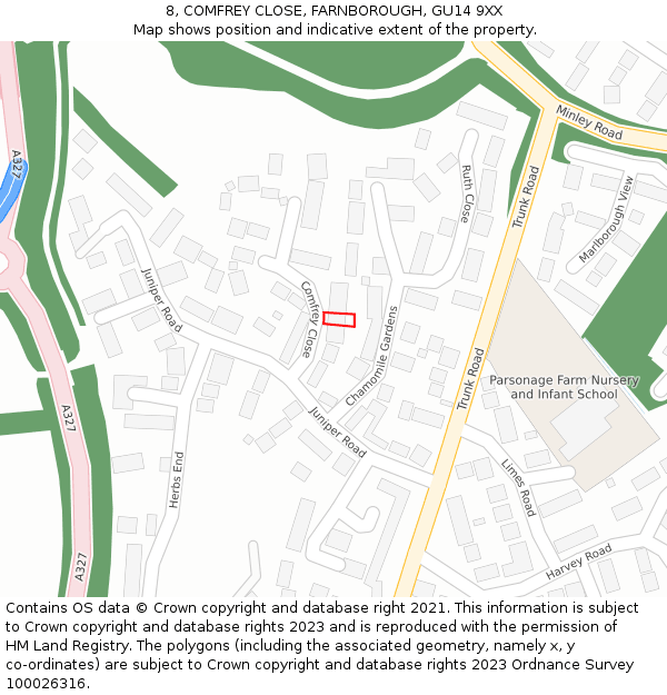 8, COMFREY CLOSE, FARNBOROUGH, GU14 9XX: Location map and indicative extent of plot