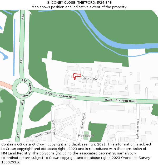 8, CONEY CLOSE, THETFORD, IP24 3PE: Location map and indicative extent of plot