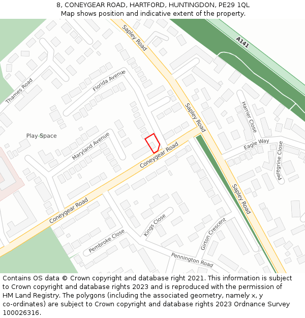 8, CONEYGEAR ROAD, HARTFORD, HUNTINGDON, PE29 1QL: Location map and indicative extent of plot