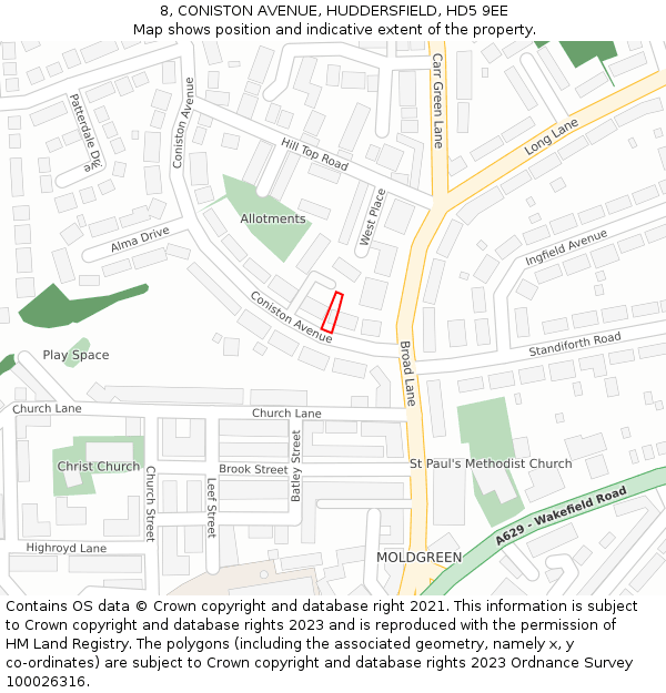 8, CONISTON AVENUE, HUDDERSFIELD, HD5 9EE: Location map and indicative extent of plot