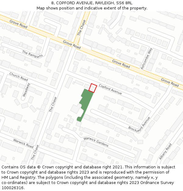8, COPFORD AVENUE, RAYLEIGH, SS6 8RL: Location map and indicative extent of plot