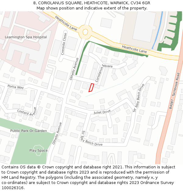 8, CORIOLANUS SQUARE, HEATHCOTE, WARWICK, CV34 6GR: Location map and indicative extent of plot