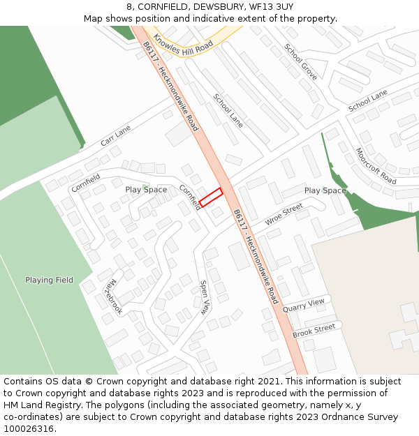 8, CORNFIELD, DEWSBURY, WF13 3UY: Location map and indicative extent of plot