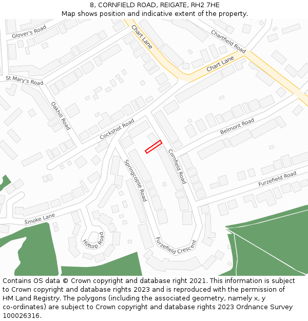 8, CORNFIELD ROAD, REIGATE, RH2 7HE: Location map and indicative extent of plot