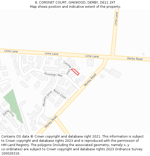 8, CORONET COURT, OAKWOOD, DERBY, DE21 2XT: Location map and indicative extent of plot