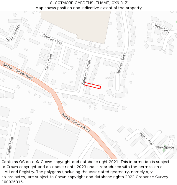 8, COTMORE GARDENS, THAME, OX9 3LZ: Location map and indicative extent of plot