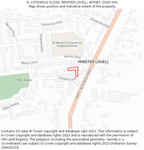 8, COTSWOLD CLOSE, MINSTER LOVELL, WITNEY, OX29 0SX: Location map and indicative extent of plot