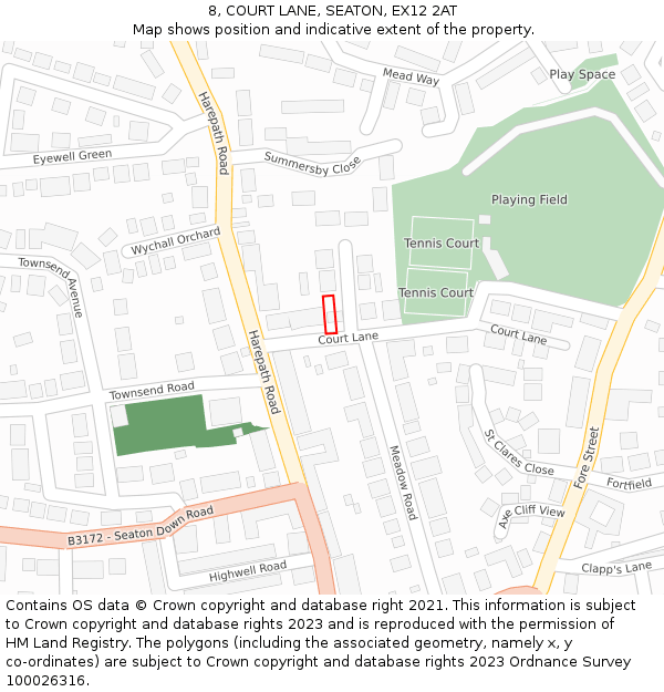8, COURT LANE, SEATON, EX12 2AT: Location map and indicative extent of plot