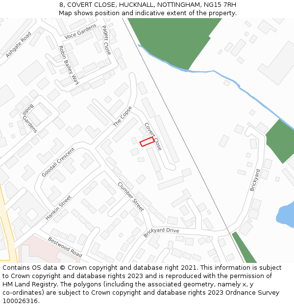 8, COVERT CLOSE, HUCKNALL, NOTTINGHAM, NG15 7RH: Location map and indicative extent of plot