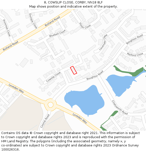 8, COWSLIP CLOSE, CORBY, NN18 8LF: Location map and indicative extent of plot