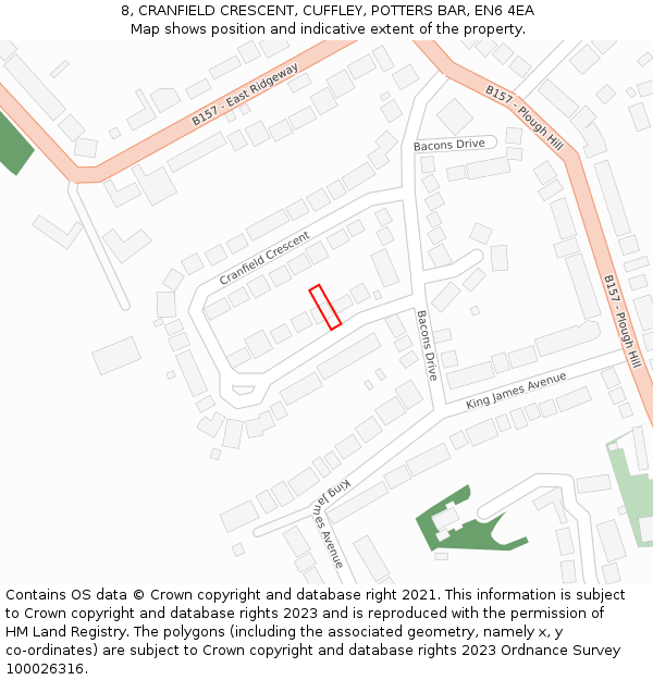 8, CRANFIELD CRESCENT, CUFFLEY, POTTERS BAR, EN6 4EA: Location map and indicative extent of plot