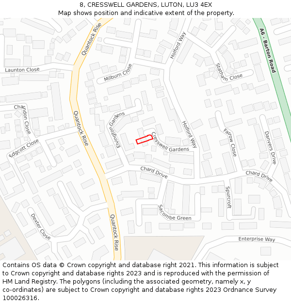8, CRESSWELL GARDENS, LUTON, LU3 4EX: Location map and indicative extent of plot