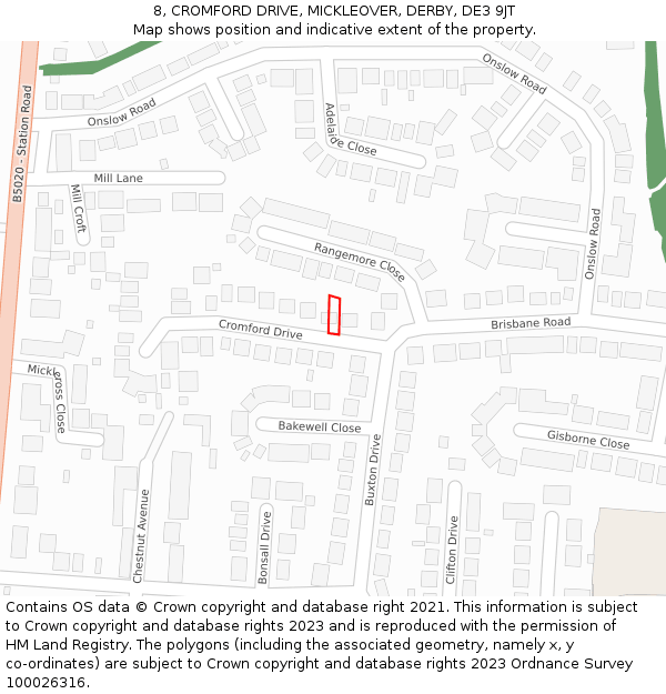 8, CROMFORD DRIVE, MICKLEOVER, DERBY, DE3 9JT: Location map and indicative extent of plot