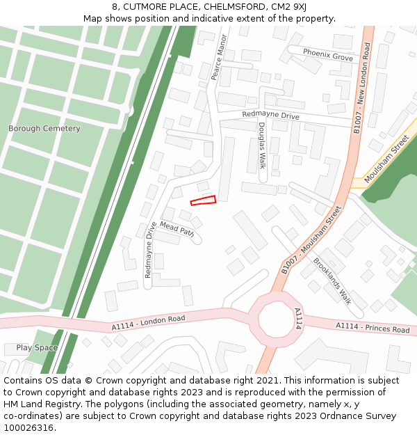8, CUTMORE PLACE, CHELMSFORD, CM2 9XJ: Location map and indicative extent of plot