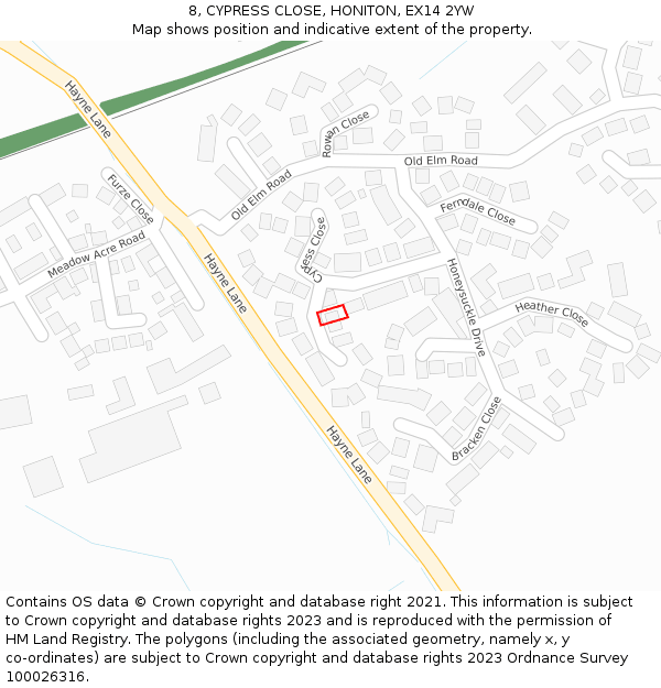 8, CYPRESS CLOSE, HONITON, EX14 2YW: Location map and indicative extent of plot
