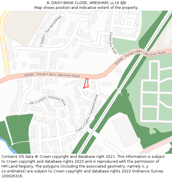 8, DAISY BANK CLOSE, WREXHAM, LL14 4JB: Location map and indicative extent of plot