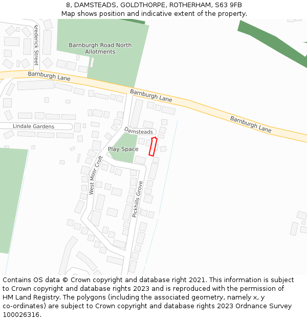 8, DAMSTEADS, GOLDTHORPE, ROTHERHAM, S63 9FB: Location map and indicative extent of plot