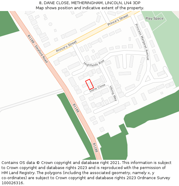 8, DANE CLOSE, METHERINGHAM, LINCOLN, LN4 3DP: Location map and indicative extent of plot
