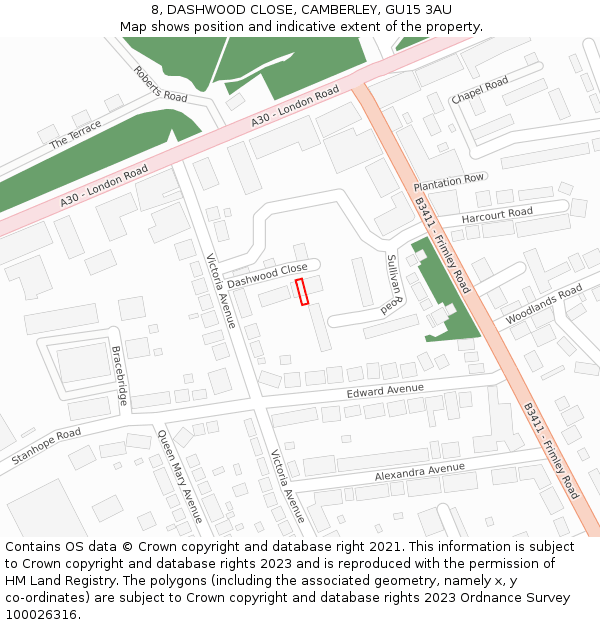 8, DASHWOOD CLOSE, CAMBERLEY, GU15 3AU: Location map and indicative extent of plot