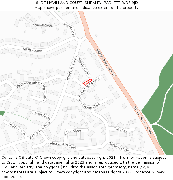 8, DE HAVILLAND COURT, SHENLEY, RADLETT, WD7 9JD: Location map and indicative extent of plot