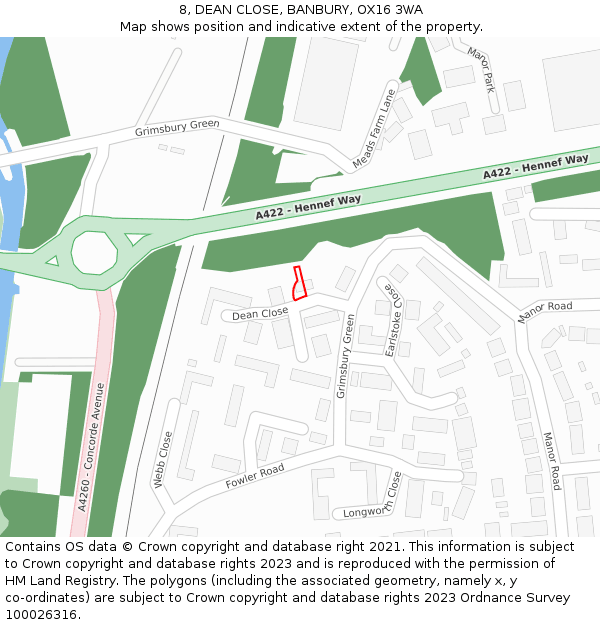 8, DEAN CLOSE, BANBURY, OX16 3WA: Location map and indicative extent of plot