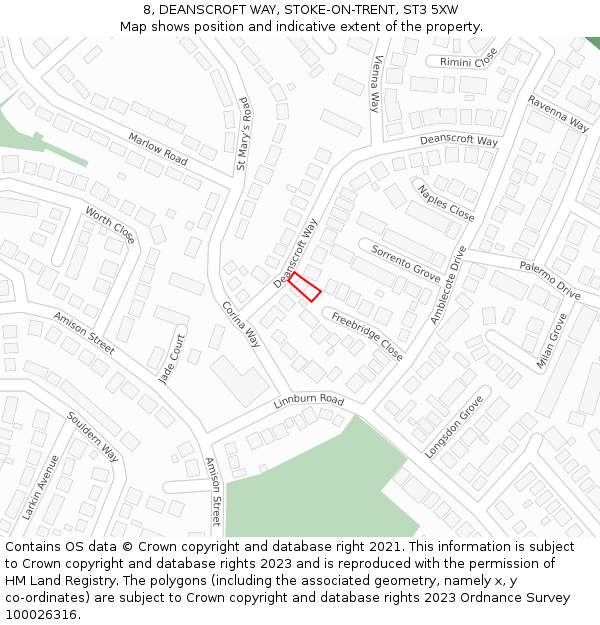 8, DEANSCROFT WAY, STOKE-ON-TRENT, ST3 5XW: Location map and indicative extent of plot