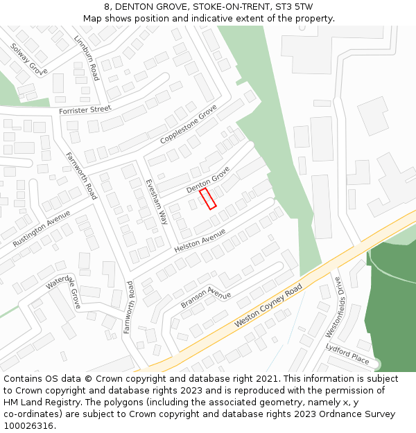 8, DENTON GROVE, STOKE-ON-TRENT, ST3 5TW: Location map and indicative extent of plot