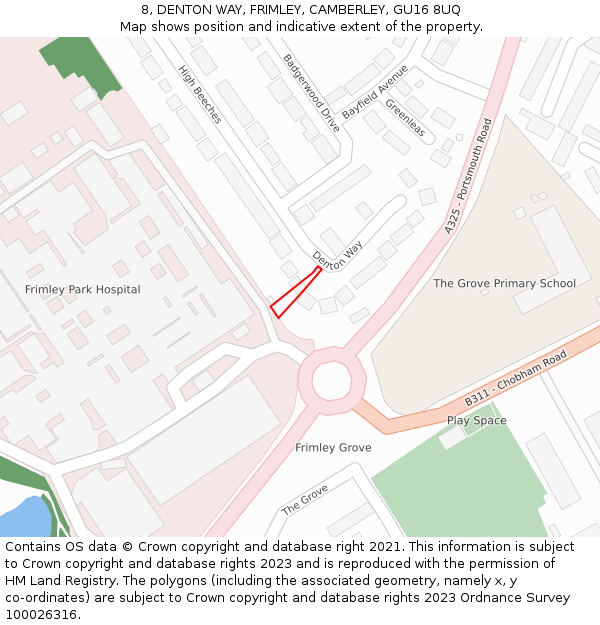 8, DENTON WAY, FRIMLEY, CAMBERLEY, GU16 8UQ: Location map and indicative extent of plot