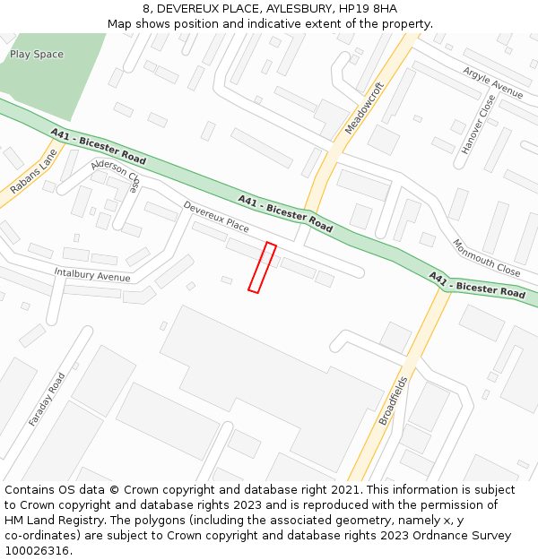 8, DEVEREUX PLACE, AYLESBURY, HP19 8HA: Location map and indicative extent of plot