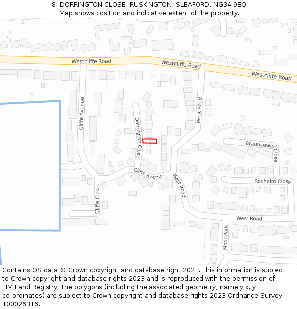 8, DORRINGTON CLOSE, RUSKINGTON, SLEAFORD, NG34 9EQ: Location map and indicative extent of plot