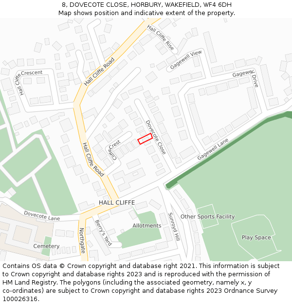 8, DOVECOTE CLOSE, HORBURY, WAKEFIELD, WF4 6DH: Location map and indicative extent of plot