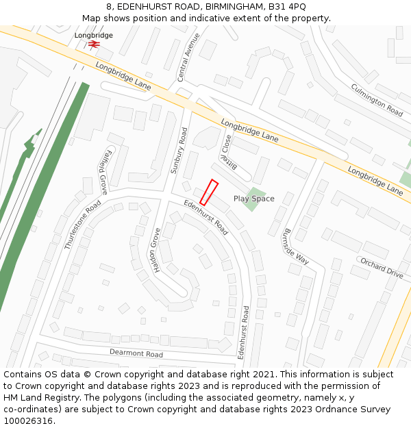 8, EDENHURST ROAD, BIRMINGHAM, B31 4PQ: Location map and indicative extent of plot