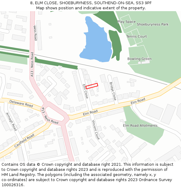 8, ELM CLOSE, SHOEBURYNESS, SOUTHEND-ON-SEA, SS3 9PF: Location map and indicative extent of plot