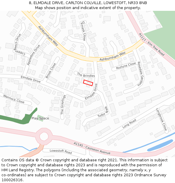 8, ELMDALE DRIVE, CARLTON COLVILLE, LOWESTOFT, NR33 8NB: Location map and indicative extent of plot