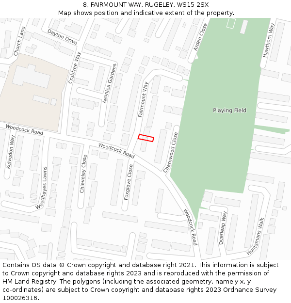 8, FAIRMOUNT WAY, RUGELEY, WS15 2SX: Location map and indicative extent of plot
