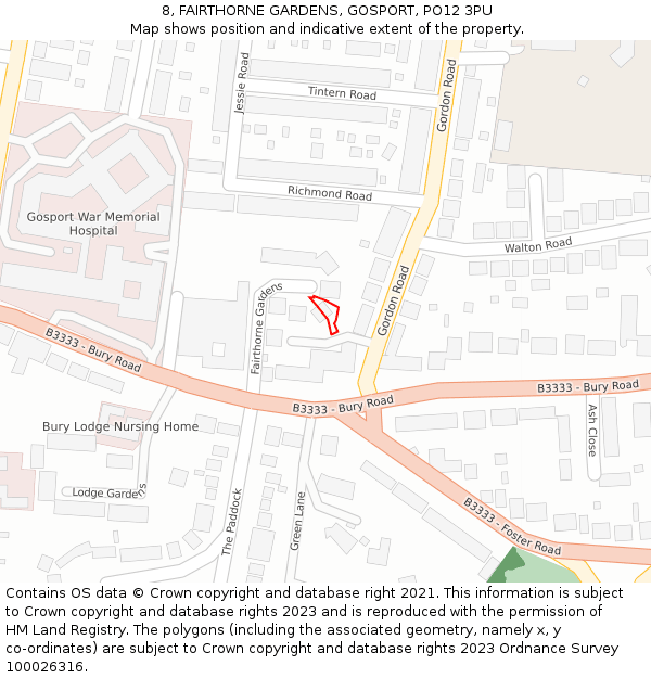 8, FAIRTHORNE GARDENS, GOSPORT, PO12 3PU: Location map and indicative extent of plot