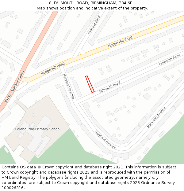 8, FALMOUTH ROAD, BIRMINGHAM, B34 6EH: Location map and indicative extent of plot