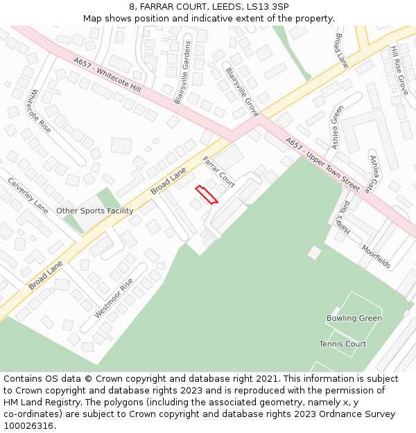 8, FARRAR COURT, LEEDS, LS13 3SP: Location map and indicative extent of plot
