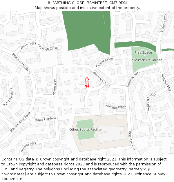 8, FARTHING CLOSE, BRAINTREE, CM7 9DN: Location map and indicative extent of plot