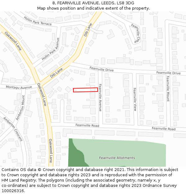 8, FEARNVILLE AVENUE, LEEDS, LS8 3DG: Location map and indicative extent of plot