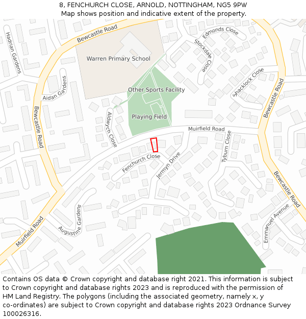 8, FENCHURCH CLOSE, ARNOLD, NOTTINGHAM, NG5 9PW: Location map and indicative extent of plot