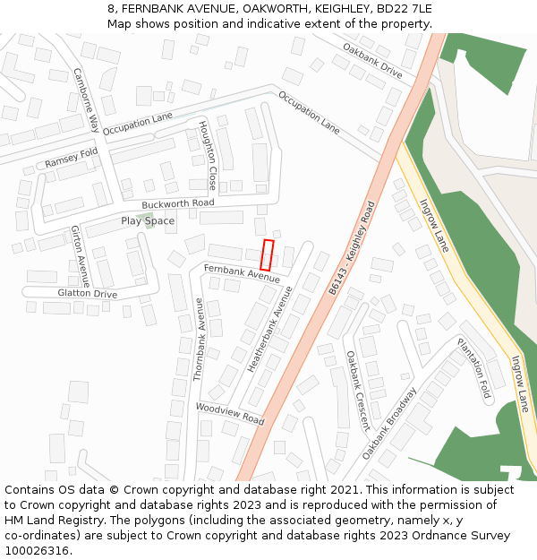 8, FERNBANK AVENUE, OAKWORTH, KEIGHLEY, BD22 7LE: Location map and indicative extent of plot