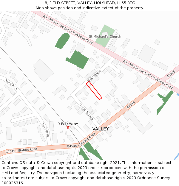 8, FIELD STREET, VALLEY, HOLYHEAD, LL65 3EG: Location map and indicative extent of plot