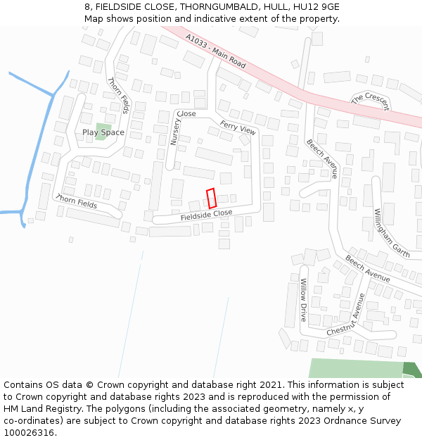 8, FIELDSIDE CLOSE, THORNGUMBALD, HULL, HU12 9GE: Location map and indicative extent of plot