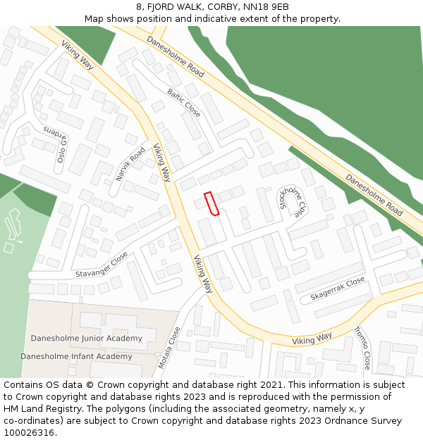 8, FJORD WALK, CORBY, NN18 9EB: Location map and indicative extent of plot