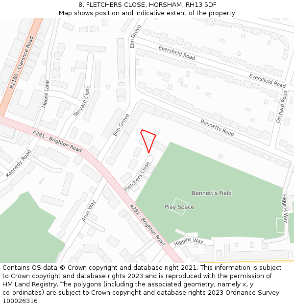 8, FLETCHERS CLOSE, HORSHAM, RH13 5DF: Location map and indicative extent of plot