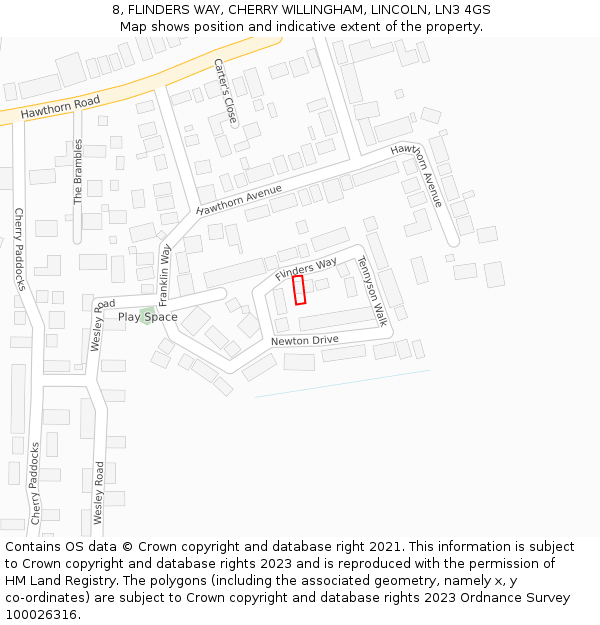 8, FLINDERS WAY, CHERRY WILLINGHAM, LINCOLN, LN3 4GS: Location map and indicative extent of plot